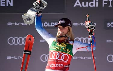 SOELDEN, AUSTRIA - OCTOBER 23: Mikaela Shiffrin of USA takes 1st place during the Audi FIS Alpine Ski World Cup Women's Giant Slalom on October 23, 2021 in Soelden, Austria. (Photo by Michel Cottin/Agence Zoom/Getty Images)