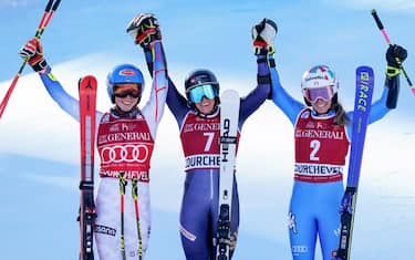 COURCHEVEL, FRANCE - DECEMBER 22: Mikaela Shiffrin of Team United States takes 2nd place, Sara Hector of Team Sweden takes 1st place, Marta Bassino of Team Italy takes 3rd place during the Audi FIS Alpine Ski World Cup Women's Giant Slalom on December 22, 2021 in Courchevel, France. (Photo by Michel Cottin/Agence Zoom/Getty Images)