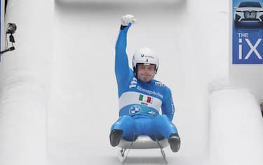 SOCHI, RUSSIA - NOVEMBER 28, 2021: Italian lugers Dominik Fischnaller competes in the team relay event during a 2021-22 FIL Luge World Cup stage, at the Sanki sliding centre. Anton Novoderezhkin/TASS/Sipa USA