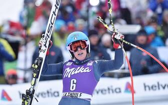 Italy's Daniela Merighetti after placing third at a women's Alpine ski downhill race, in La Thuile, Italy, Saturday, Feb. 20, 2016. ANSA/ANTONINO DI MARCO