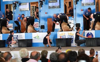 A general view shows people attending the 18th edition of the World Sheep Shearing and Wool handling championships in Le Dorat, central-western France, on July 5, 2019. - From July 4 to 7, 2019 the competition takes place for the first time in France. More than 5,000 sheep will be shorn for four days during numerous competitions. (Photo by MEHDI FEDOUACH / AFP)        (Photo credit should read MEHDI FEDOUACH/AFP via Getty Images)
