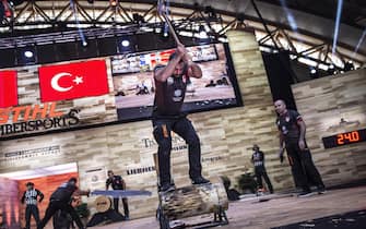 epa06308148 A handout photo made available by Global Newsroom shows Team Turkey competing during the Team Competition of the Stihl Timbersports World Championships at the Hakons Hall in Lillehammer, Norway, 03 November 2017, (issued 04 November 2017). The event was won by title holder New Zealand beating Poland in the final, while Australia took third place defeating Canada in the small final.  EPA/Sebastian Marko / GLOBAL NEWSROOM / HANDOUT  HANDOUT EDITORIAL USE ONLY/NO SALES