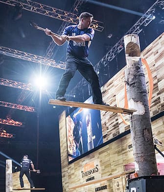 epa06310092 A handout photo made available by Global Newsroom shows Matt Cogar of the United States competes in the Springboard discipline during the Stihl Timbersports World Championships at the Hakons Hall in Lillehammer, Norway, 04 November 2017. The event was won by now nine time World Champion Jason Wynyard of New Zealand, followed by Brad De Losa of Australia and Mitch Hewitt of Canada.  EPA/Joerg Mitter / GLOBAL NEWSROOM / HANDOUT  HANDOUT EDITORIAL USE ONLY/NO SALES