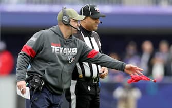 BALTIMORE, MARYLAND - NOVEMBER 17: head coach Bill O'Brien of the Houston Texans challenges a play against the Baltimore Ravens during the first quarter in the game at M&T Bank Stadium on November 17, 2019 in Baltimore, Maryland. (Photo by Rob Carr/Getty Images)