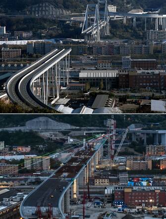 (FILES) (COMBO) This combination of photos made on April 27, 2020 shows, a file photo taken on December 14, 2018 in Genoa (Top) of the remains of the Morandi Bridge that partially collapsed with cars and trucks trapped among the rubble on August 14, 2018 killing 43 people and wounding dozens, and an April 27, 2020 view showing laser lights in the colors of the Italian flag above the new Genoa bridge, as the last 44 meter long span (Rear C) has been almost completely hoisted between columns 10 and 11 on the bridge's eastern side, during the country's lockdown aimed at curbing the spread of the COVID-19 infection, caused by the novel coronavirus. - The last section of the new bridge in Genoa, built after the collapse of the Morandi viaduct that killed 43 people in 2018, will be placed on April 28, 2020, a welcome symbol of renewal in Italy, which has been hit hard by the COVID-19 pandemic (Photo by Filippo MONTEFORTE and Marco BERTORELLO / AFP) (Photo by FILIPPO MONTEFORTE,MARCO BERTORELLO/AFP via Getty Images)