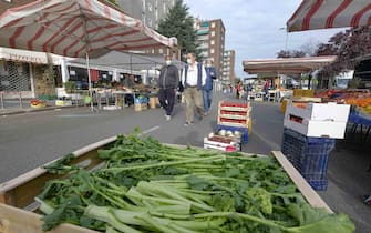 Il mercato rionale di via Val Maira nella prima giornata di riapertura dei mercati rionali allo scoperto con accessi contingentati a Milano,  7 Maggio 2020.ANSA/Andrea Fasani