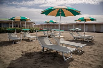ROME, ITALY - MAY 10: Sun loungers are installed to test the social distance at Summer resort facility "La Bonaccia" at Ostia beach closed during 'phase two' of measures to tackle the Coronavirus (Covid-19) pandemic, on May 10, 2020 in Rome, Italy. Italy was the first country to impose a nationwide lockdown to stem the transmission of the Coronavirus (Covid-19), and its restaurants, theaters and many other businesses remain closed. (Photo by Antonio Masiello/Getty Images)