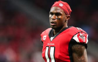 ATLANTA, GA - DECEMBER 22: Julio Jones #11 of the Atlanta Falcons looks on during the first half of a game against the Jacksonville Jaguars at Mercedes-Benz Stadium on December 22, 2019 in Atlanta, Georgia. (Photo by Carmen Mandato/Getty Images)
