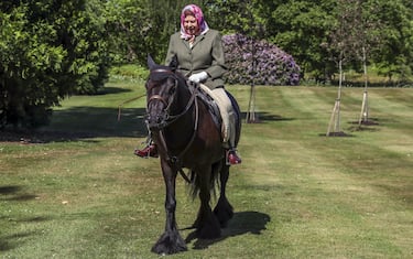 Britain's Queen Elizabeth II rides Balmoral Fern, a 14-year-old Fell Pony, in Windsor Home Park, west of London, over the weekend of May 30 and May 31, 2020. (Photo by Steve Parsons / POOL / AFP) (Photo by STEVE PARSONS/POOL/AFP via Getty Images)