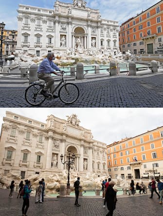 La combo mostra la Fontana di Trevi il 4 (sopra) e il 18 maggio 2020.
ANSA