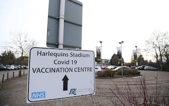 LONDON, ENGLAND - FEBRUARY 13: A sign displays a Covid-19 Vaccination Centre is seen prior to the Gallagher Premiership Rugby match between Harlequins and Leicester Tigers at The Twickenham Stoop on February 13, 2021 in London, England. Sporting stadiums around the UK remain under strict restrictions due to the Coronavirus Pandemic as Government social distancing laws prohibit fans inside venues resulting in games being played behind closed doors. (Photo by Alex Davidson/Getty Images for Harlequins)