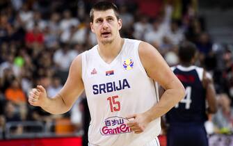 DONGGUAN, CHINA - SEPTEMBER 12: #15 Nikola Jokic of Serbia in action during the games 5-8 of 2019 FIBA World Cup between Serbia and USA at Dongguan Basketball Center on September 12, 2019 in Dongguan, China. (Photo by Zhizhao Wu/Getty Images)