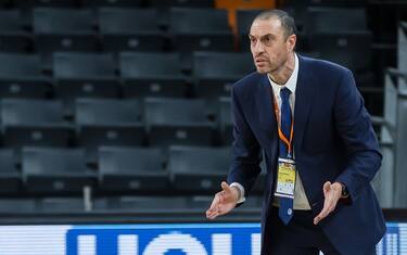 ULM, GERMANY - NOVEMBER 10: (BILD ZEITUNG OUT) Head Coach Vincenzo Esposito of Germani Brescia Looks on during the EuroCup match between Ratiopharm Ulm and Germani Brescia at ratiopharm Arena on November 10, 2020 in Ulm, Germany. (Photo by Harry Langer/DeFodi Images via Getty Images)