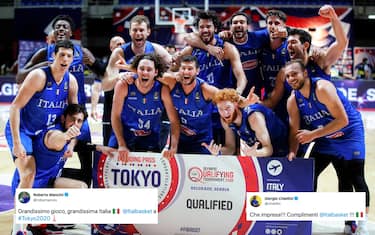 Italy's basketball team players celebrate their victory at the end of the FIBA Mens Olympic Qualifying Tournament final basketball match against Serbia, on July 4, 2021, in Belgrade, Serbia. (Photo by PEDJA MILOSAVLJEVIC / AFP) (Photo by PEDJA MILOSAVLJEVIC/AFP via Getty Images)