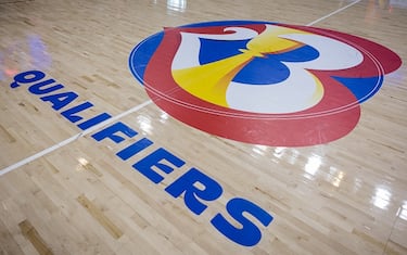 WASHINGTON, DC - FEBRUARY 27: A general view of the FIBA Basketball World Cup 2023 Qualifier logo on the court before the game between the United States and Mexico at Entertainment & Sports Arena on February 27, 2022 in Washington, DC.  (Photo by Scott Taetsch/Getty Images)