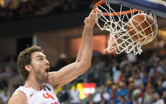 Spain's Pau Gasol in action during the FIBA EuroBasket 2015 Group B match Spain vs Italy, at the Mercedes-Benz-Arena in Berlin, Germany, 08 September 2015. Italy won 98:105. Photo: Lukas Schulze/dpa | usage worldwide   (Photo by Lukas Schulze/picture alliance via Getty Images)