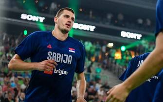 Nikola Jokic of Serbia warms up during the International Friendly basketball between Slovenia and Serbia at Arena Stozice.