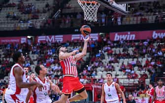9 George Papas of Olympiacos BC during the friendly match between Olympiacos BC and Olimpia Milano at Peace and Friendship Stadium on September 17, 2023, in Athens, Greece.