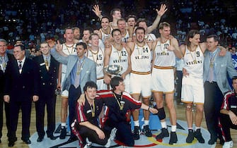 MUNICH, GERMANY - JULY 04:  The German team celebrate after winning the final match Russia aganist Germany (70:71) of the Basketball 1993 European Championship on July 04, 1993 in Munich, Germany.  (Photo by Beate Mueller/Bongarts/Getty Images)