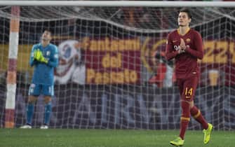 Roma's Patrik Schick jubilates after scoring the goal during the Italy Cup soccer match AS Roma vs Virtus Entella at the Olimpico stadium in Rome, Italy, 14 Januay 2019.
ANSA/MAURIZIO BRAMBATTI