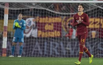 Roma's Patrik Schick jubilates after scoring the goal during the Italy Cup soccer match AS Roma vs Virtus Entella at the Olimpico stadium in Rome, Italy, 14 Januay 2019.   
ANSA/MAURIZIO BRAMBATTI 