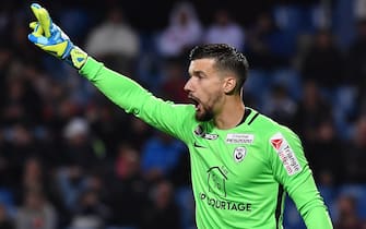 Nancy's French goalkeeper Baptiste Valette reacts during the French Ligue Cup round of 32 football match between Montpellier and Nancy at the Mosson stadium in Montpellier on October 30, 2019. (Photo by Pascal GUYOT / AFP) (Photo by PASCAL GUYOT/AFP via Getty Images)