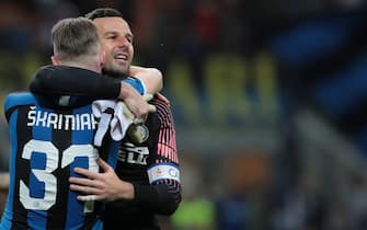 MILAN, ITALY - MAY 26:  Samir Handanovic of FC Internazionale celebrates with his teammate Milan Skriniar at the end of the Serie A match between FC Internazionale and Empoli FC at Stadio Giuseppe Meazza on May 26, 2019 in Milan, Italy.  (Photo by Emilio Andreoli/Getty Images)