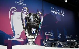 The UEFA Champions League football trophy is pictured prior to the cup's round of 16 draw ceremony on December 16, 2019 in Nyon. (Photo by Fabrice COFFRINI / AFP) (Photo by FABRICE COFFRINI/AFP via Getty Images)