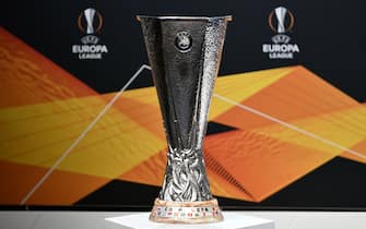 This picture shows the UEFA Europa League football cup trophy prior to the cup's round of 16 draw ceremony in Nyon on Febraury 28, 2020. (Photo by Fabrice COFFRINI / AFP) (Photo by FABRICE COFFRINI/AFP via Getty Images)
