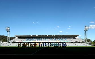GOSFORD, AUSTRALIA - MARCH 20: Players line up before the start of the game during the round 24 A-League match between the Central Coast Mariners and Melbourne City at Central Coast Stadium on March 20, 2020 in Gosford, Australia. (Photo by Tony Feder/Getty Images)