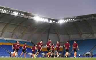 GOLD COAST, AUSTRALIA - MARCH 20: A general view is seen as Brisbane Roar players warm up during the round 27 A-League match between the Brisbane Roar and the Newcastle Jets at Cbus Super Stadium on March 20, 2020 in Gold Coast, Australia. (Photo by Albert Perez/Getty Images)