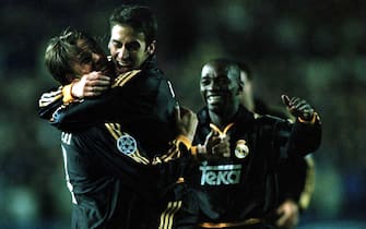 22 Nov 2000: Raul of Madrid celebrates with Guti after scoring the second goal during the Leeds United v Real Madrid UEFA Champions League Group D match at Elland Road, Leeds. Mandatory Credit: Michael Steele/ALLSPORT