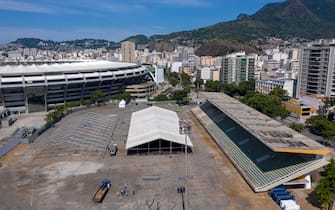 Aerial view of a temporary field hospital set up for coronavirus patients at Maracana stadium complex, where the Celio de Barros athletics track used to be located in Rio de Janeiro, Brazil on April 02, 2020. - Brazil's most famous stadium allowed health authorities to turn part of its complex into a field hospital to face the coronavirus pandemic. (Photo by MAURO PIMENTEL / AFP) (Photo by MAURO PIMENTEL/AFP via Getty Images)