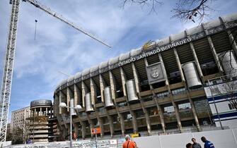 External view of the Santiago Bernabeu stadium taken on March 12, 2020. - The Real Madrid started a renovation project of the stadium in 2019. The work is expected to last three and a half years. The redevelopment will see the Santiago Bernabeu become a digital arena, in which technological advances and the use of audio-visual tools will be available across many areas of the stadium. (Photo by GABRIEL BOUYS / AFP) (Photo by GABRIEL BOUYS/AFP via Getty Images)