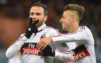 Milan Giampaolo Pazzini celebrates  with his teammate Stephan El Shaarawy after he scores during the serie A match Genoa vs Milan at Luigi Ferraris stadium in Genoa, 08 March 2013 ANSA/LUCA ZENNARO 
