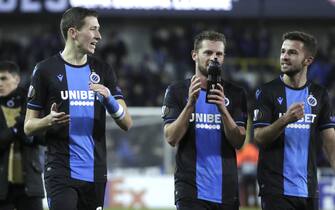 epa08232368 Hans Vanaken (L) Mats Rits (C) and Siebe Schrijvers (R) of Brugge react after the UEFA Europa League Round of 32, 1st leg match between Club Brugge and Manchester United in Bruges, Belgium, 20 February 2020.  EPA/STEPHANIE LECOCQ