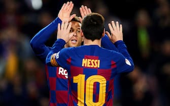 epa08179956 Barcelona's Brazilian midfielder Arthur Mello (back)) celebrates with teammate Argentinean Lionel Messi after scoring the 4-0 against Leganes during the King's Cup Round of Last 16 match between Barcelona and Leganes, in Camp Nou stadium, Barcelona, Spain 30 January 2020.  EPA/Alejandro Garcia