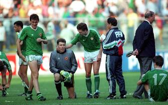 Packie Bonner and David O'Leary before the penalty shootout in Genoa. Romania vs Republic of Ireland, World Cup, 1990, Mandatory Credit ?INPHO/Billy Stickland    (Photo by Billy Stickland/INPHO via Getty Images)
