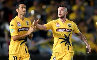 GOSFORD, AUSTRALIA - APRIL 09:  Roy O'Donovan and Luis Garcia of the Mariners celebrate a goal during the round 27 A-League match between the Central Coast Mariners and the Newcastle Jets at Central Coast Stadium on April 9, 2016 in Gosford, Australia.  (Photo by Ashley Feder/Getty Images)