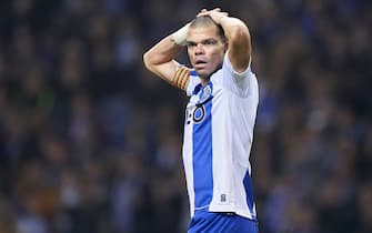PORTO, PORTUGAL - FEBRUARY 08: Kepler Lima 'Pepe' of FC Porto reacts during the Liga Nos match between FC Porto and SL Benfica  at Estadio do Dragao on February 08, 2020 in Porto, Portugal. (Photo by Quality Sport Images/Getty Images)