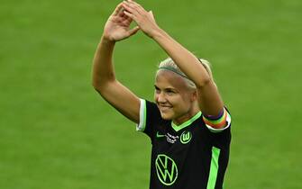 epa08633149 (FILE) - Pernille Harder of Wolfsburg celebrates during the Women's German DFB Cup final between VfL Wolfsburg and SGS Essen in Cologne, Germany, 04 July 2020 (reissued 29 August 2020). Media report that Wolfsburg's forward Pernille Harder will sign a contract with Chelsea FC and leave the German Bundesliga side after the UEFA Women's Champions League final held on 30 Auguts 2020.  EPA/SASCHA STEINBACH / POOL CONDITIONS - ATTENTION: The DFB regulations prohibit any use of photographs as image sequences and/or quasi-video. *** Local Caption *** 56195272