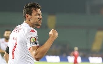 11 July 2019, Egypt, Cairo: Tunisia's Youssef Msakni celebrates scoring his side's second goal during the 2019 Africa Cup of Nations quarter final soccer match between Madagascar and Tunisia at the Al-Salam Stadium. Photo: Gehad Hamdy/dpa