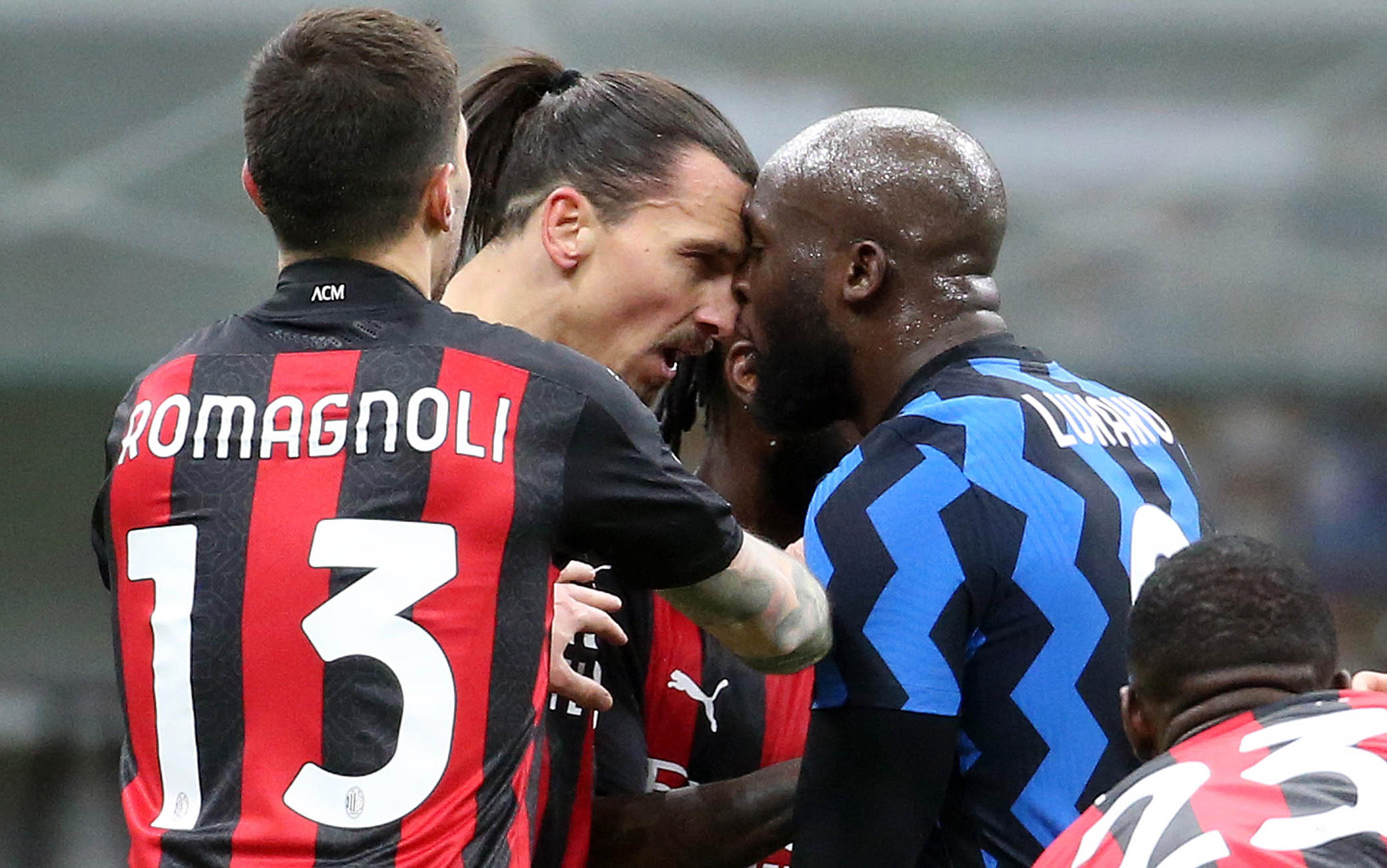AC MilanÕs Zlatan Ibrahimovic (L) and Inter MilanÕs Romelu Lukaku react during the Italian cup quarter final soccer match between FC Inter and AC Milan at Giuseppe Meazza stadium in Milan, 26 January 2021.
ANSA / MATTEO BAZZI