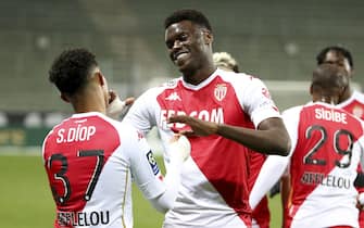 Sofiane Diop of Monaco #37 celebrates his goal with Benoit Badiashile during the French championship Ligue 1 football match between AS Saint-Etienne (ASSE) and AS Monaco (ASM) on March 19, 2021 at Stade Geoffroy Guichard in Saint-Etienne, France - Photo Jean Catuffe / DPPI / LiveMedia