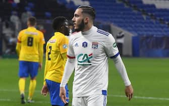 Lyon's French forward Rayan Cherki (L) celebrates scoring during the French Cup round-of-32 football match between Lyon (OL) and Sochaux (FCSM) at The Groupama Stadium in Decines-Charpieu, near Lyon, central-eastern France on March 6, 2021.

//ALLILIMOURAD_allili910/2103071042/Credit:Mourad ALLILI/SIPA/2103071044