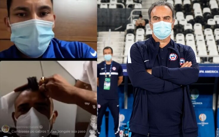 A sinistra la diretta Instagram tra Medel e Vidal, durante la quale si vede il giocatore dell'Inter farsi tagliare i capelli dal barbiere non autorizzato a entrare nell'albergo. A destra Lasarte, il Ct del Cile, durante l'ultima sfida contro l'Argentina
