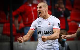 Antwerp's Michael Frey celebrates after scoring during a soccer match between Royal Antwerp FC and Oud-Heverlee Leuven, Sunday 29 August 2021 in Antwerp, on day 6 of the 2021-2022 'Jupiler Pro League' first division of the Belgian championship. BELGA PHOTO DAVID PINTENS (Photo by DAVID PINTENS/Belga/Sipa USA)