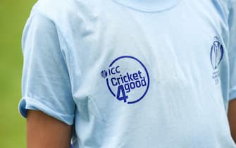 NOTTINGHAM, ENGLAND - JUNE 04: A shirt bears the Cricket 4 Good logo during the Cricket 4 Good Clinic as part of the ICC Cricket World Cup 2019 at Trent Bridge on June 4, 2019 in Nottingham, England. (Photo by Barrington Coombs-ICC/ICC via Getty Images)