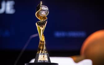 epa07629352 The FIFA Women's World Cup trophy displayed during the first FIFA Womenâs Football Convention in Paris, France, 06 June 2019.  EPA/CHRISTOPHE PETIT TESSON