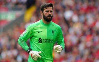 Liverpool goalkeeper Alisson during the Premier League match at Anfield, Liverpool. Picture date: Saturday September 18, 2021.